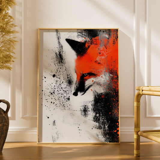 Red Fox Abstract Wall Art, Orange and Black Ink Splatter Poster, Modern Animal Art Print — styling mockup 1