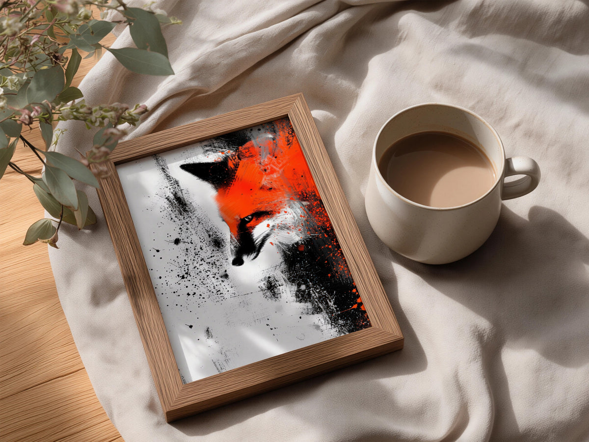 Red Fox Abstract Wall Art, Orange and Black Ink Splatter Poster, Modern Animal Art Print — styling mockup 3