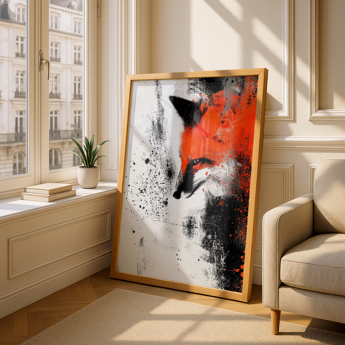 Red Fox Abstract Wall Art, Orange and Black Ink Splatter Poster, Modern Animal Art Print — styling mockup 4
