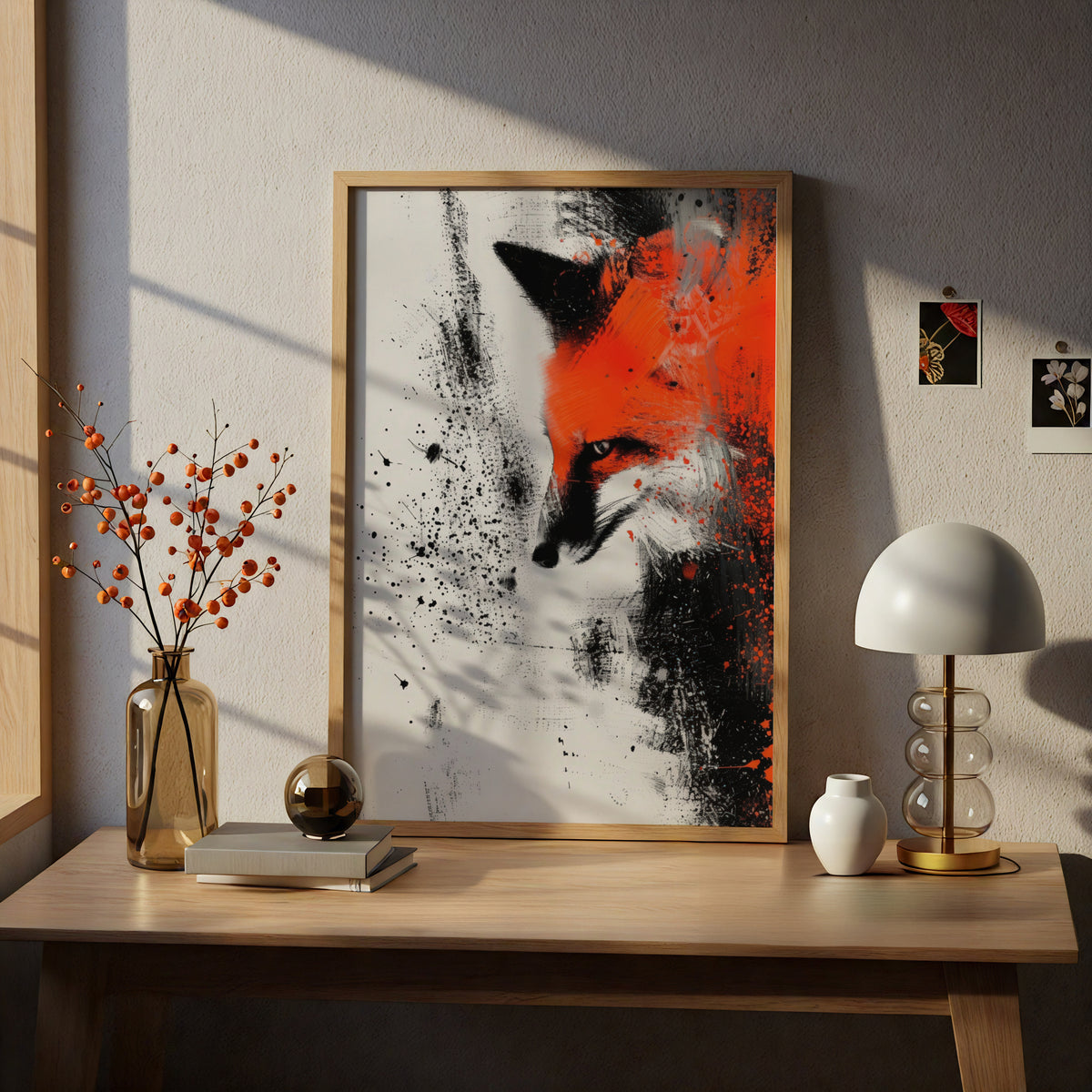 Red Fox Abstract Wall Art, Orange and Black Ink Splatter Poster, Modern Animal Art Print — styling mockup 5