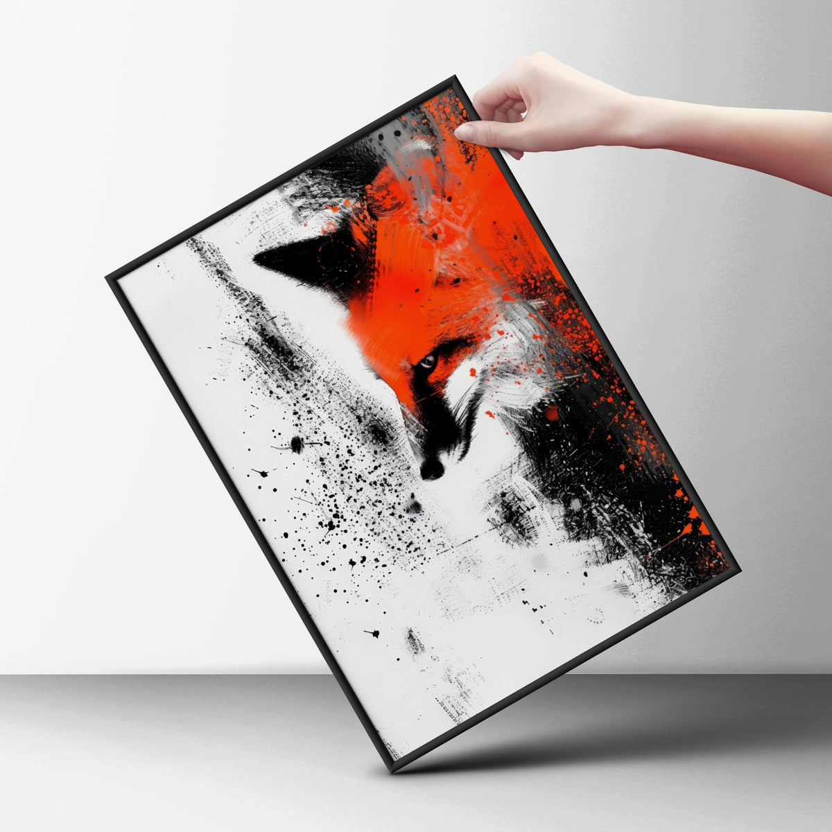 Red Fox Abstract Wall Art, Orange and Black Ink Splatter Poster, Modern Animal Art Print — styling mockup 6