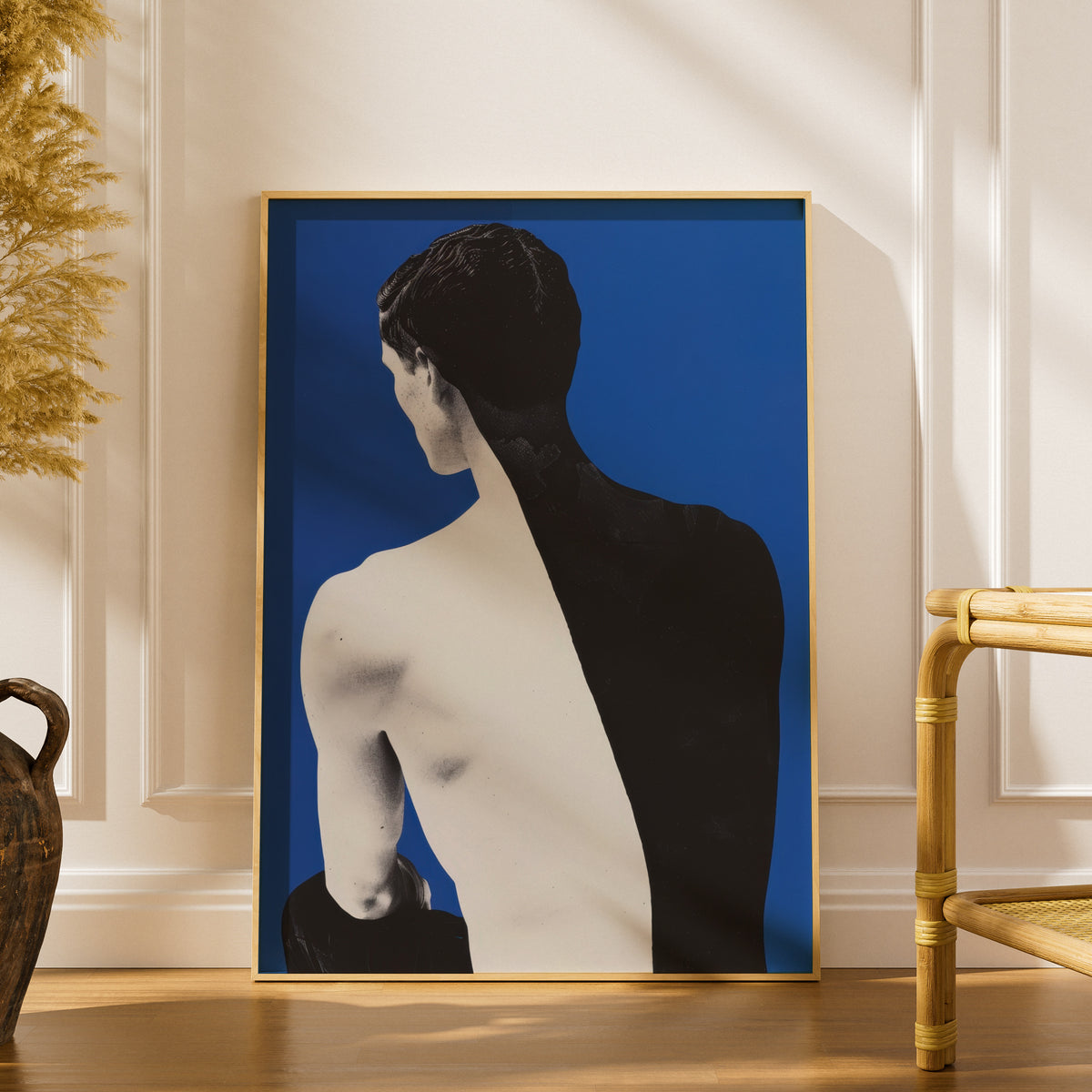 Male Back Figure Poster, Cobalt Blue Wall Art Print, Black and White Contemporary Portrait — styling mockup 1