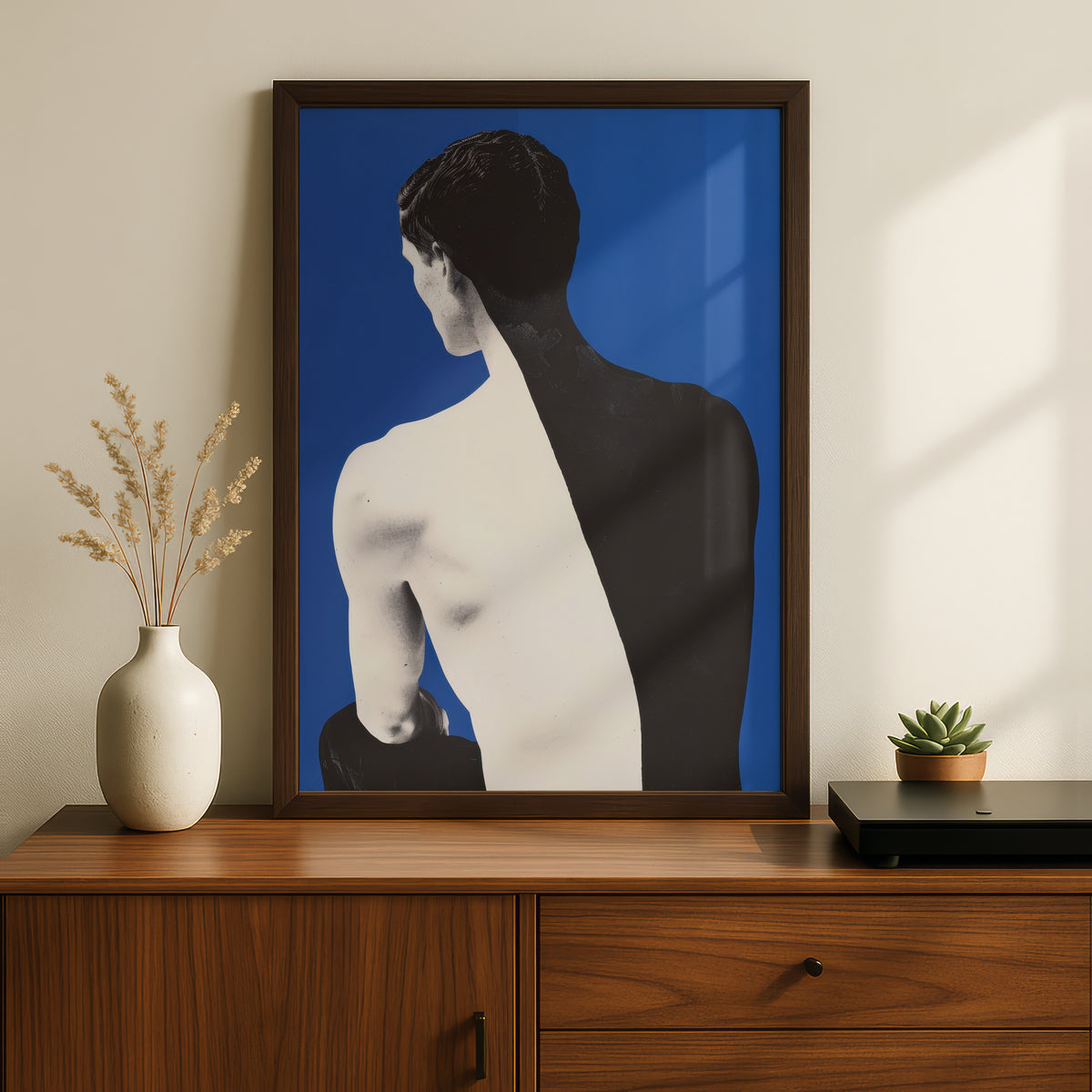 Male Back Figure Poster, Cobalt Blue Wall Art Print, Black and White Contemporary Portrait — styling mockup 2
