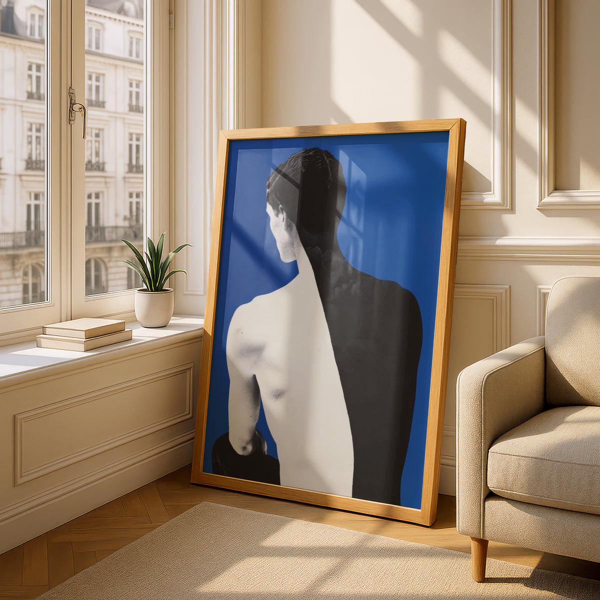 Male Back Figure Poster, Cobalt Blue Wall Art Print, Black and White Contemporary Portrait — styling mockup 4