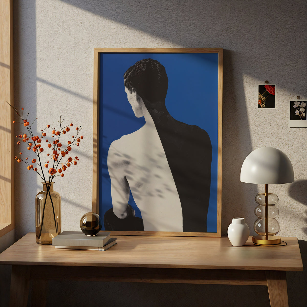 Male Back Figure Poster, Cobalt Blue Wall Art Print, Black and White Contemporary Portrait — styling mockup 5