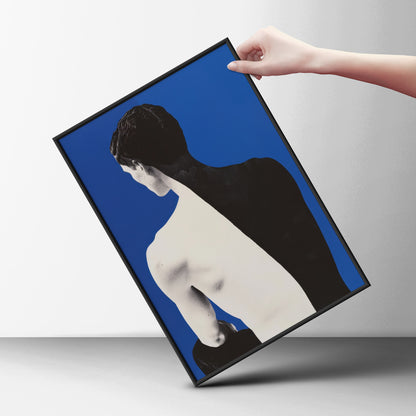 Male Back Figure Poster, Cobalt Blue Wall Art Print, Black and White Contemporary Portrait — styling mockup 6