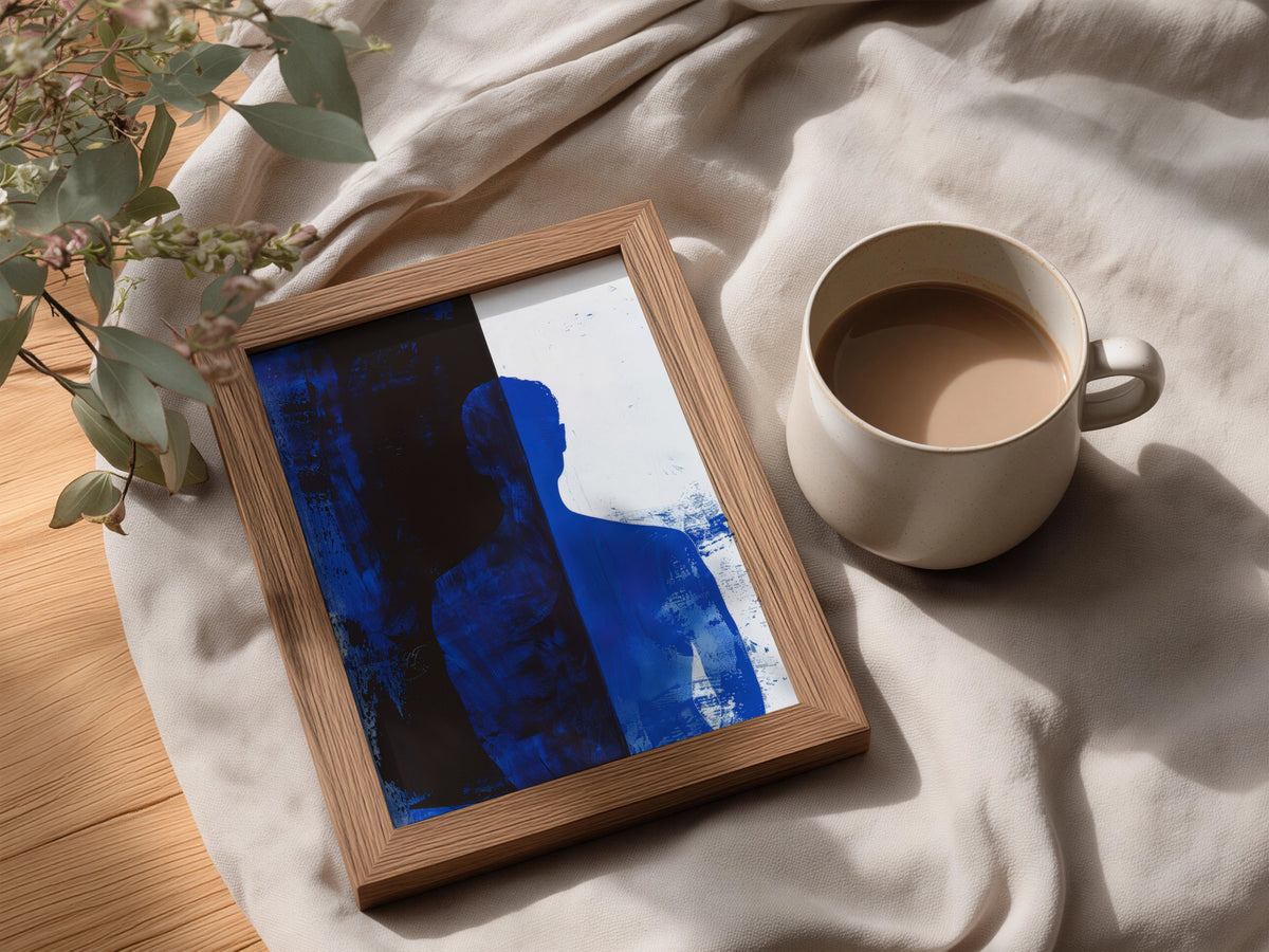 Abstract Blue Silhouette Poster, Cobalt Blue and Black Wall Art, Modern Figure Art Print — styling mockup 3