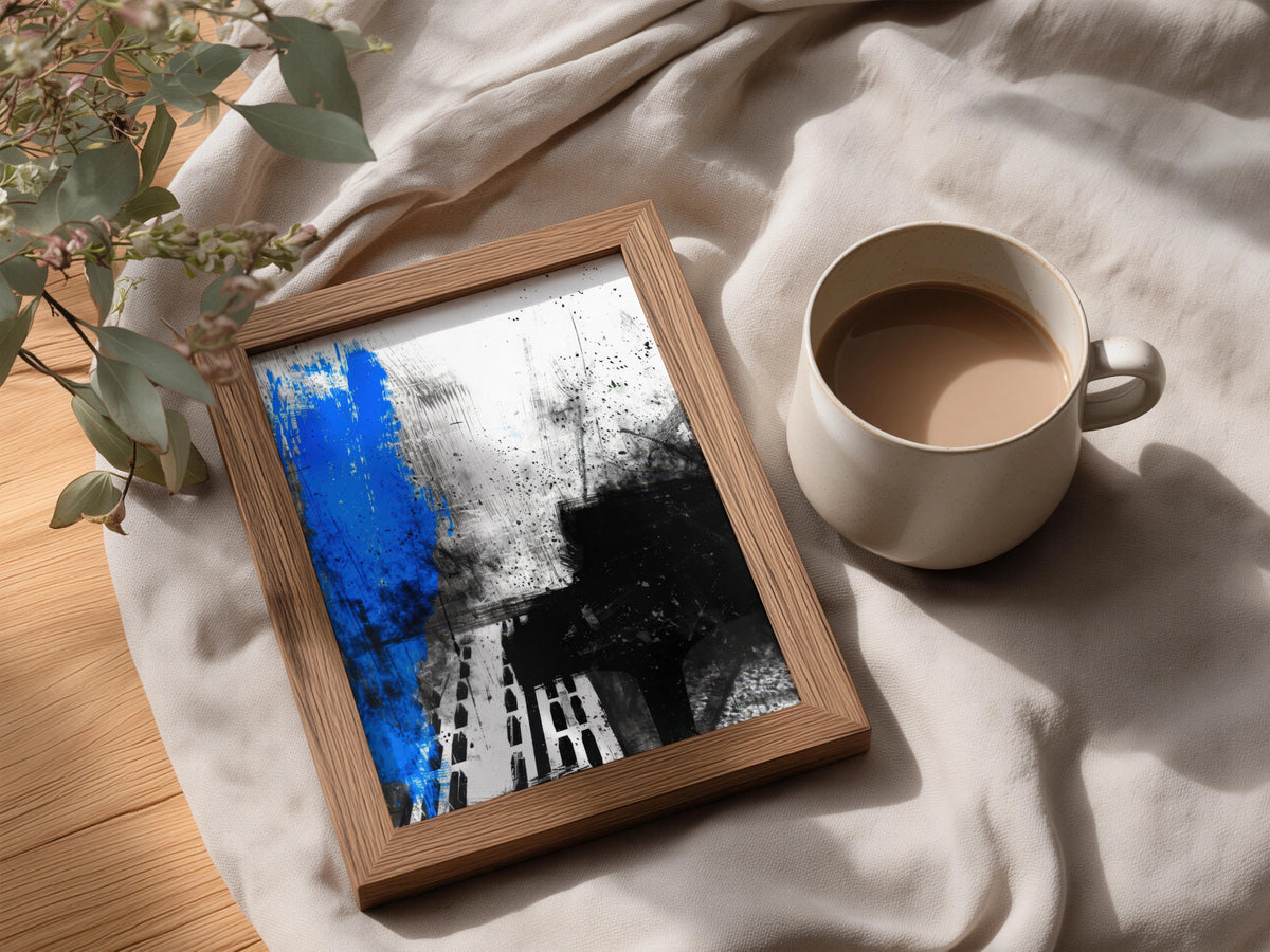 Abstract Black and Blue Wall Art, Modern Grunge Poster, Expressive Ink Splatter Art Print — styling mockup 3