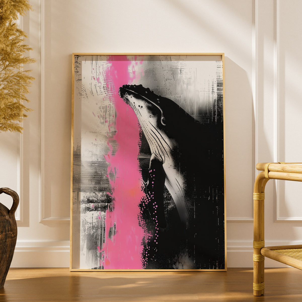 Humpback Whale Poster, Black White & Pink Abstract Wall Art, Modern Ocean Animal Art Print — styling mockup 1