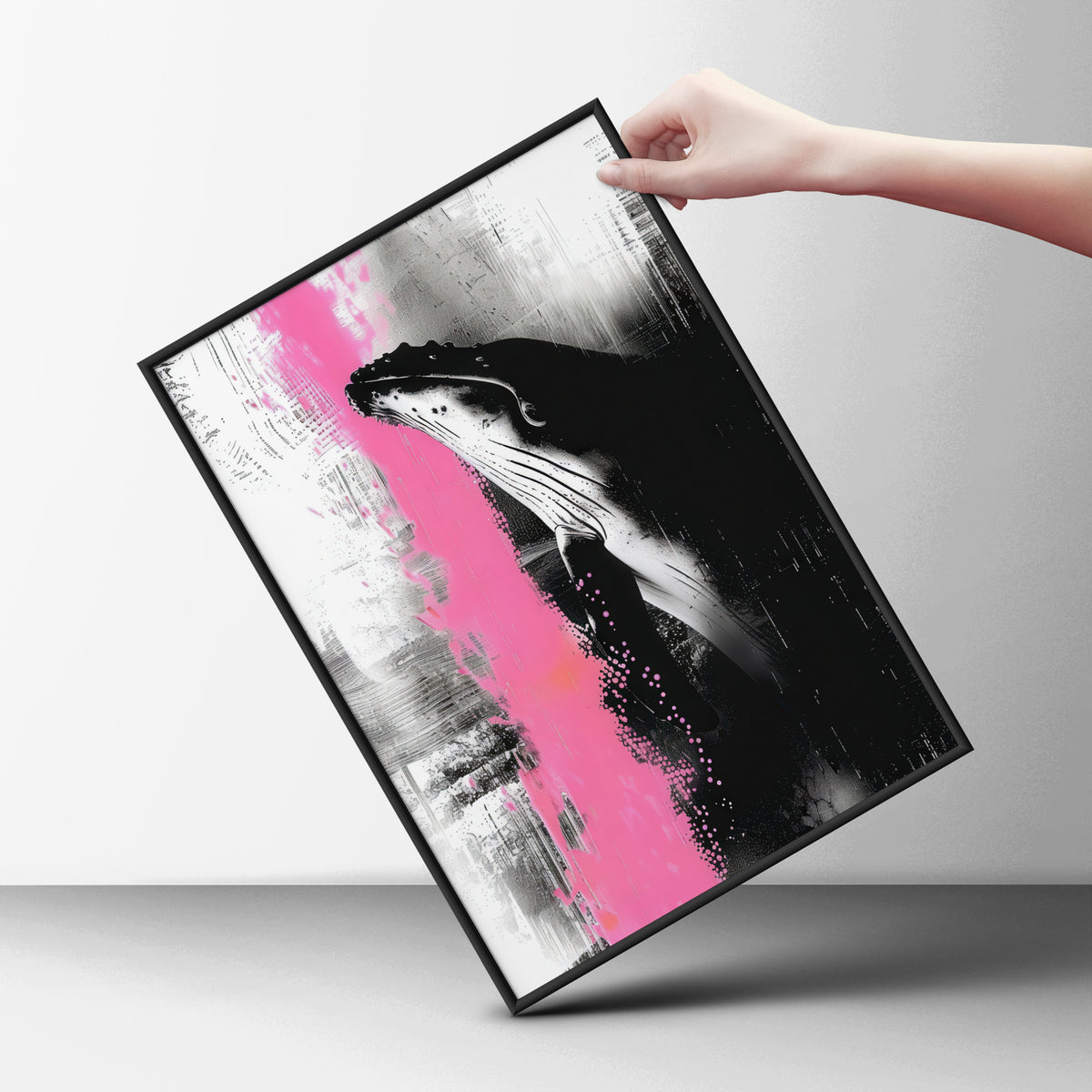 Humpback Whale Poster, Black White & Pink Abstract Wall Art, Modern Ocean Animal Art Print — styling mockup 6