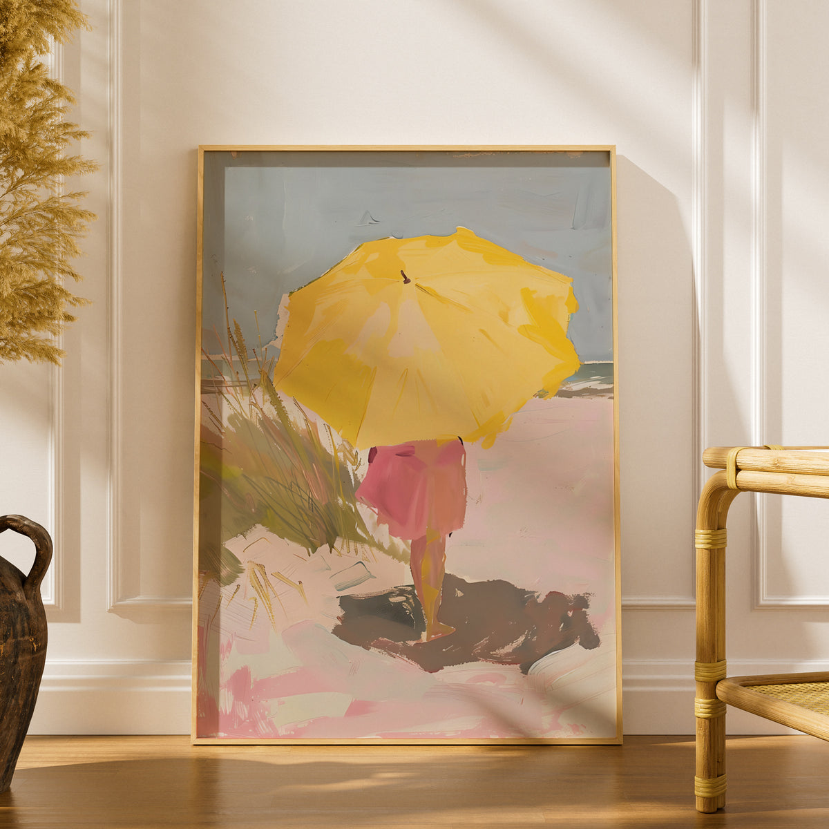 Yellow Umbrella Beach Poster, Coastal Wall Art, Pastel Oil Painting Print, Seaside Living Room Decor — styling mockup 1