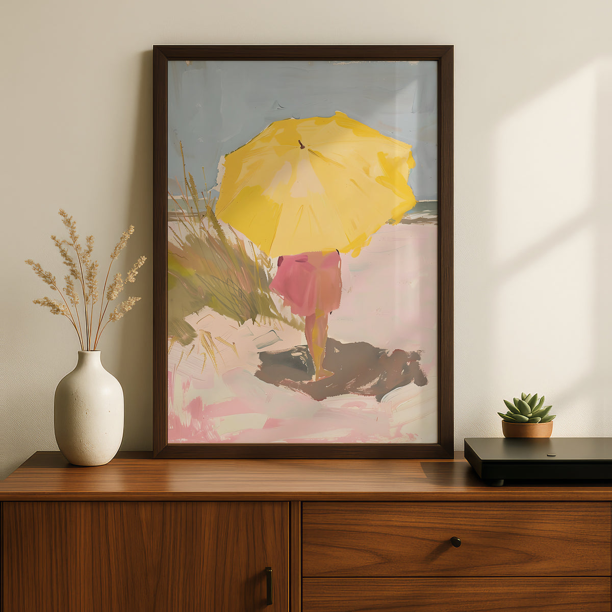 Yellow Umbrella Beach Poster, Coastal Wall Art, Pastel Oil Painting Print, Seaside Living Room Decor — styling mockup 2