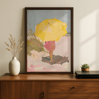 Yellow Umbrella Beach Poster, Coastal Wall Art, Pastel Oil Painting Print, Seaside Living Room Decor — styling mockup 2