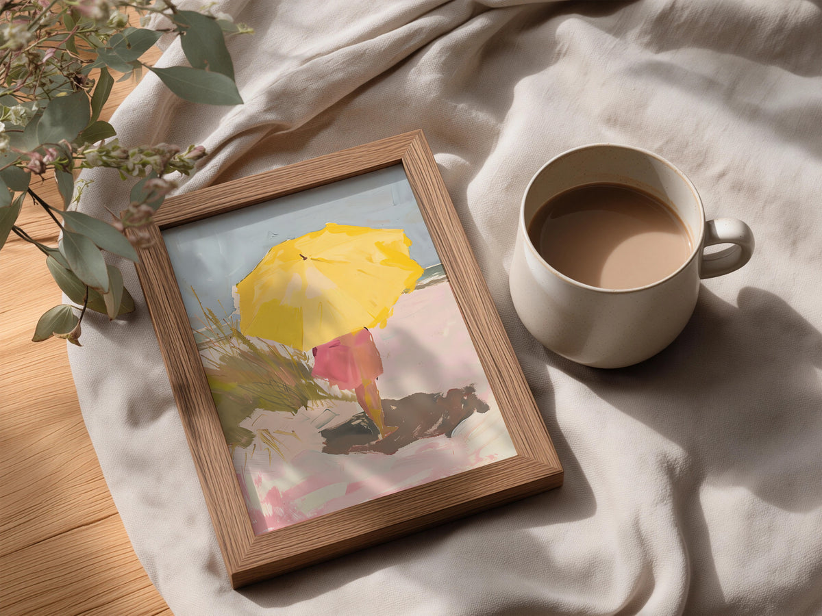 Yellow Umbrella Beach Poster, Coastal Wall Art, Pastel Oil Painting Print, Seaside Living Room Decor — styling mockup 3