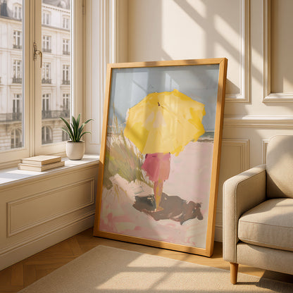 Yellow Umbrella Beach Poster, Coastal Wall Art, Pastel Oil Painting Print, Seaside Living Room Decor — styling mockup 4