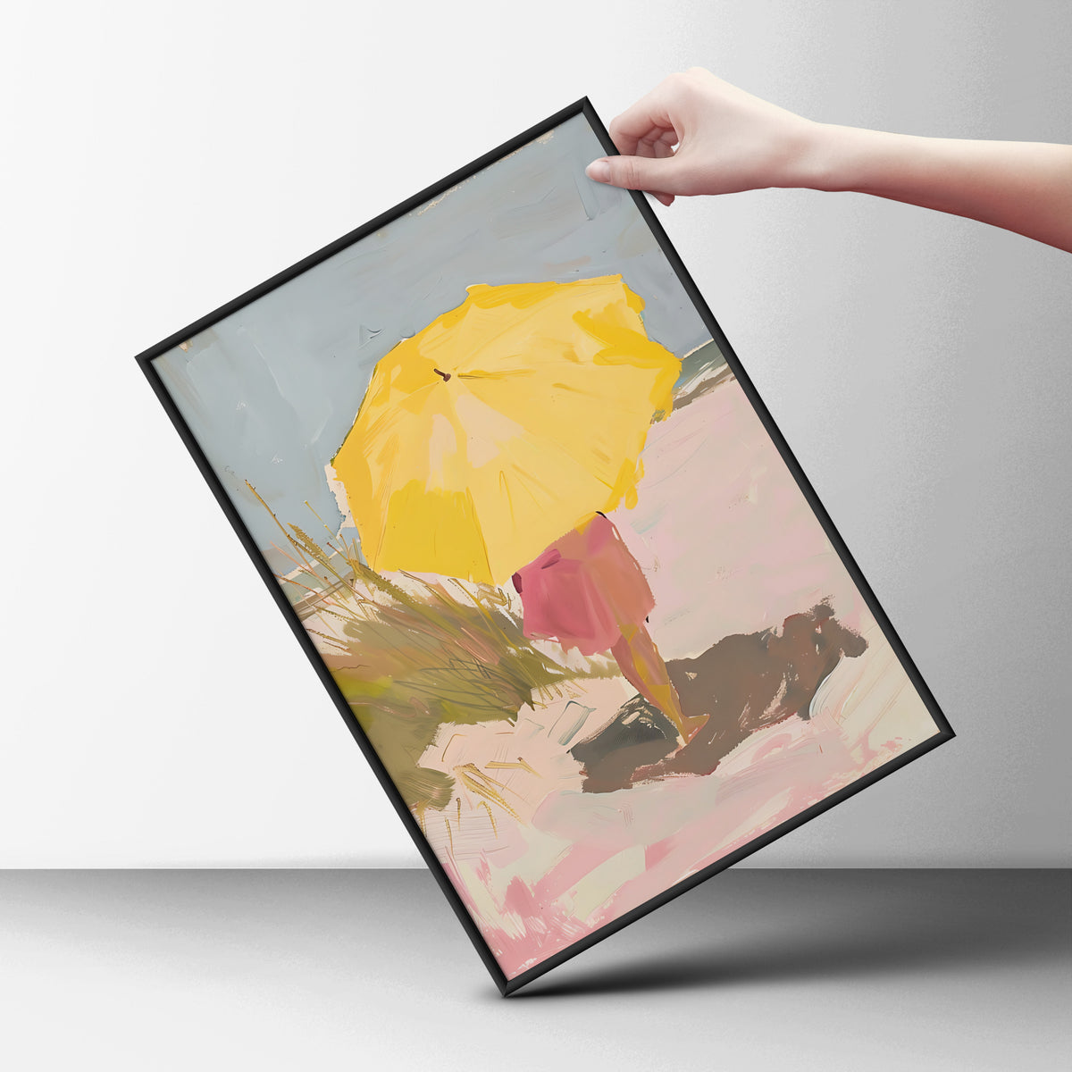 Yellow Umbrella Beach Poster, Coastal Wall Art, Pastel Oil Painting Print, Seaside Living Room Decor — styling mockup 6