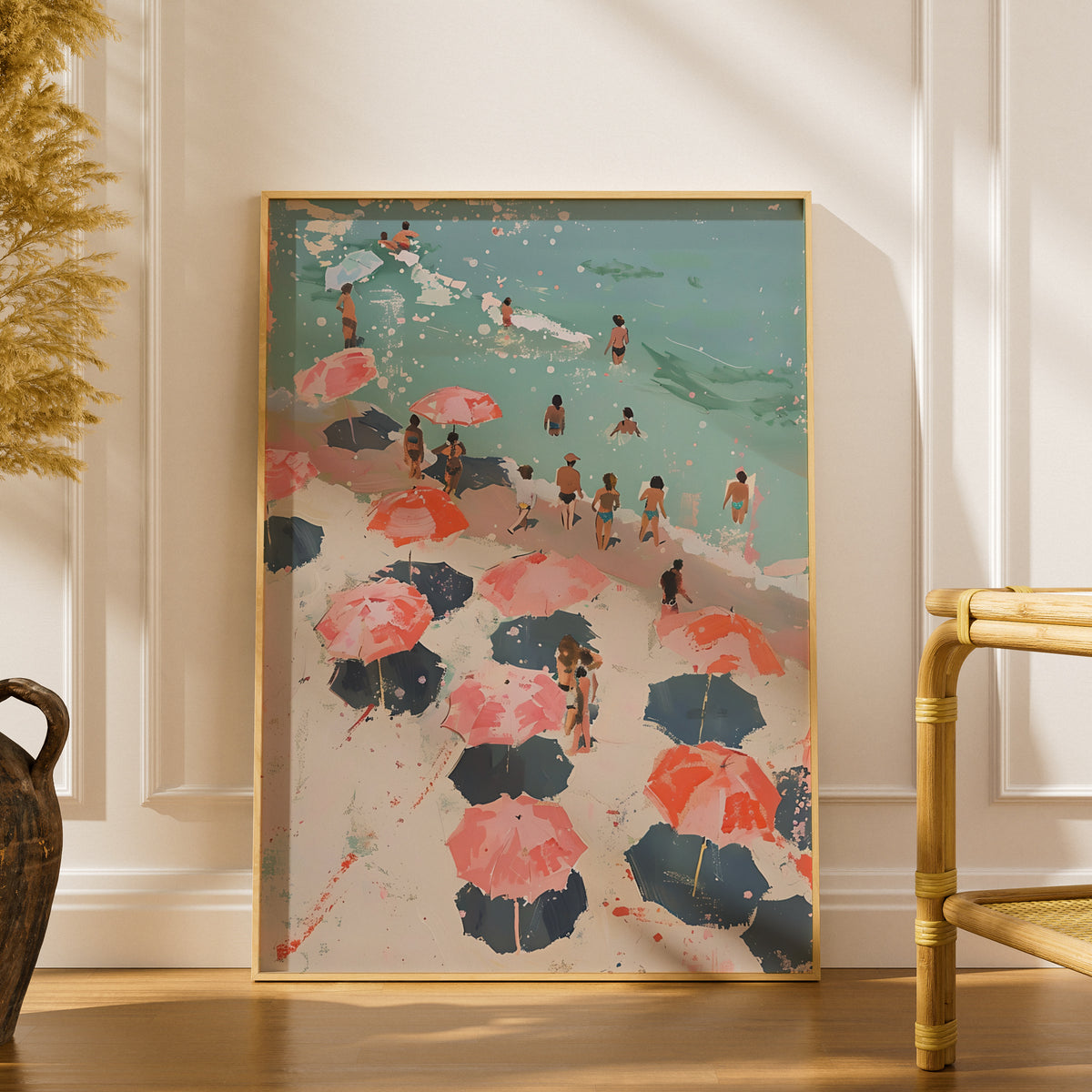 Beach Umbrellas Poster, Coastal Wall Art, Pink Summer Seaside Art Print, Painterly Beach Scene — styling mockup 1