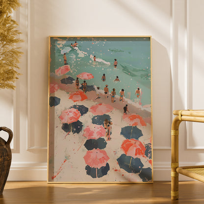 Beach Umbrellas Poster, Coastal Wall Art, Pink Summer Seaside Art Print, Painterly Beach Scene — styling mockup 1