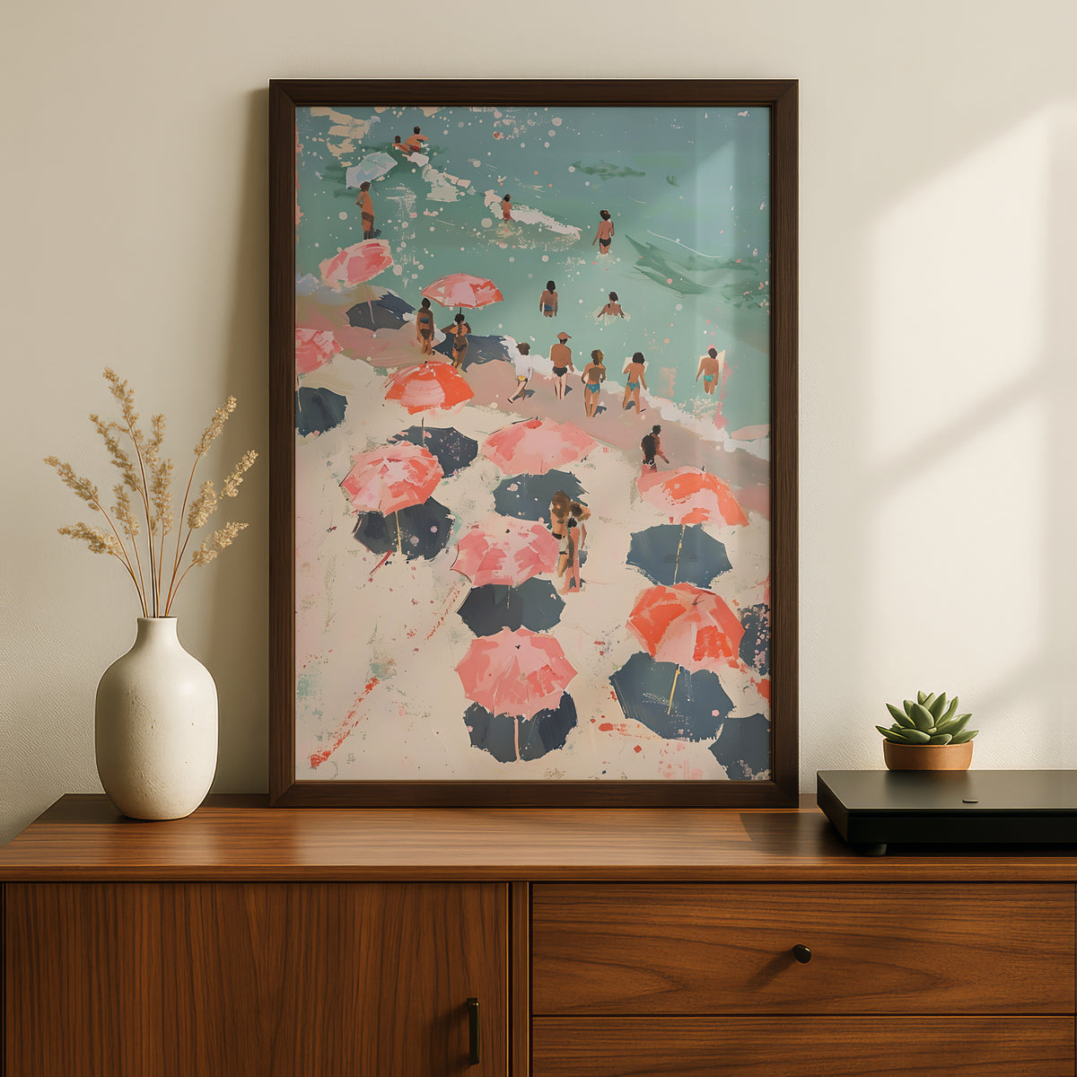 Beach Umbrellas Poster, Coastal Wall Art, Pink Summer Seaside Art Print, Painterly Beach Scene — styling mockup 2