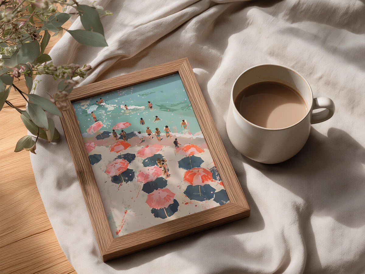Beach Umbrellas Poster, Coastal Wall Art, Pink Summer Seaside Art Print, Painterly Beach Scene — styling mockup 3