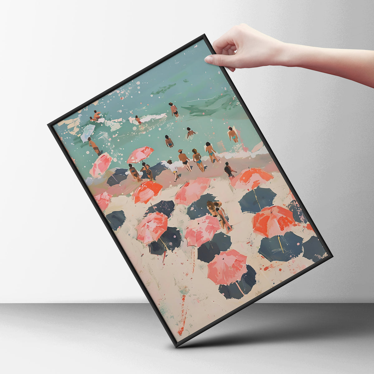 Beach Umbrellas Poster, Coastal Wall Art, Pink Summer Seaside Art Print, Painterly Beach Scene — styling mockup 6