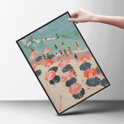 Beach Umbrellas Poster, Coastal Wall Art, Pink Summer Seaside Art Print, Painterly Beach Scene — styling mockup 6