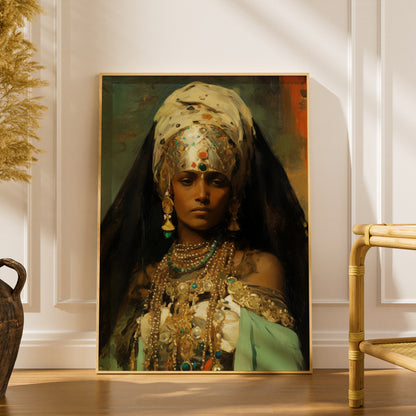 Vintage Jewelled Woman Oil Painting Poster, Ornate Portrait Wall Art, Emerald Gold Art Print — styling mockup 1