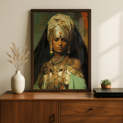 Vintage Jewelled Woman Oil Painting Poster, Ornate Portrait Wall Art, Emerald Gold Art Print — styling mockup 2