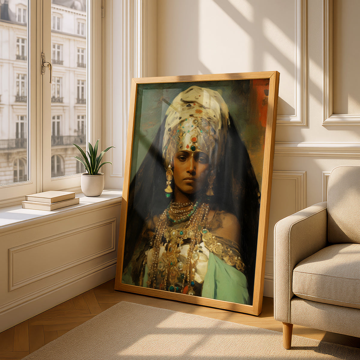 Vintage Jewelled Woman Oil Painting Poster, Ornate Portrait Wall Art, Emerald Gold Art Print — styling mockup 4