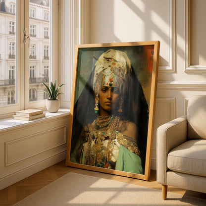 Vintage Jewelled Woman Oil Painting Poster, Ornate Portrait Wall Art, Emerald Gold Art Print — styling mockup 4