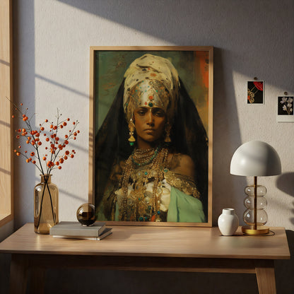 Vintage Jewelled Woman Oil Painting Poster, Ornate Portrait Wall Art, Emerald Gold Art Print — styling mockup 5