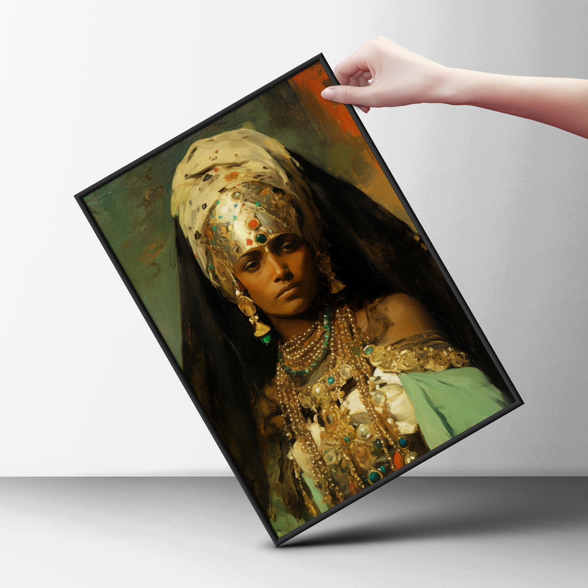 Vintage Jewelled Woman Oil Painting Poster, Ornate Portrait Wall Art, Emerald Gold Art Print — styling mockup 6