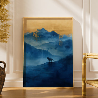 Horse Silhouette Blue Mountain Landscape, Gold Leaf Abstract Wall Art Print, Misty Poster — styling mockup 1