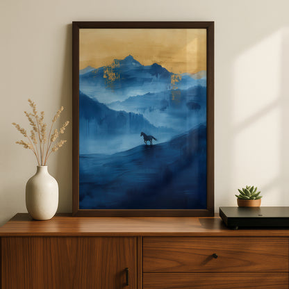 Horse Silhouette Blue Mountain Landscape, Gold Leaf Abstract Wall Art Print, Misty Poster — styling mockup 2