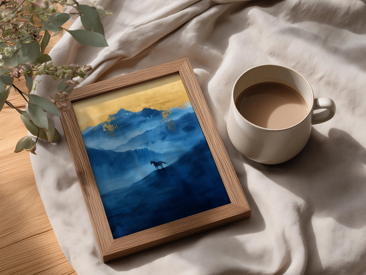Horse Silhouette Blue Mountain Landscape, Gold Leaf Abstract Wall Art Print, Misty Poster — styling mockup 3
