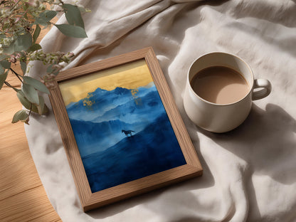 Horse Silhouette Blue Mountain Landscape, Gold Leaf Abstract Wall Art Print, Misty Poster — styling mockup 3