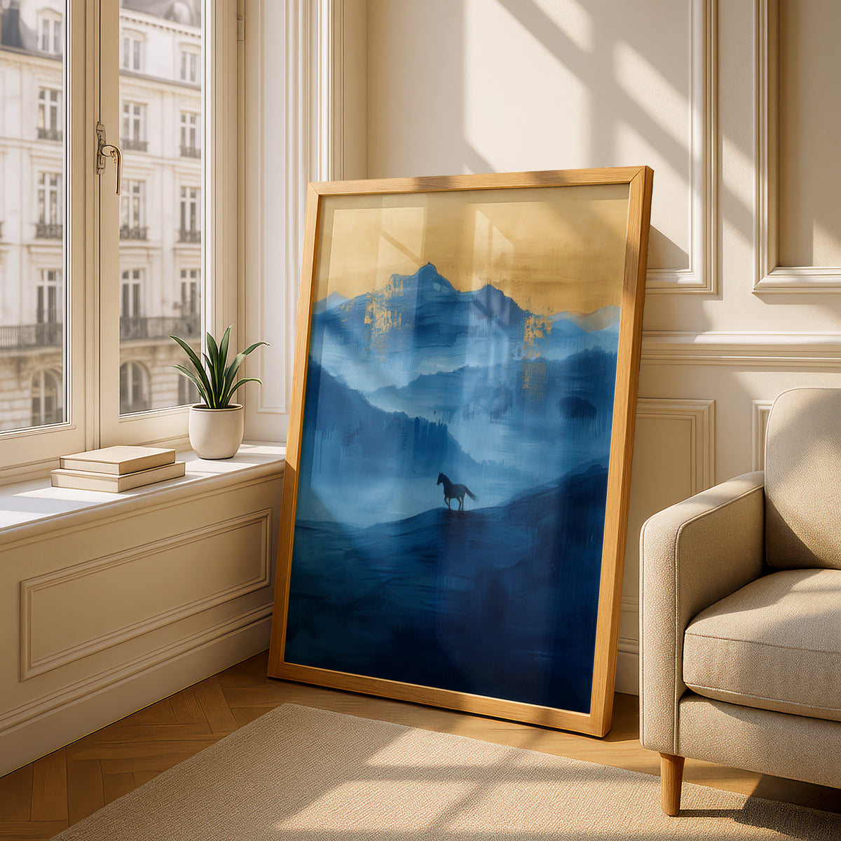 Horse Silhouette Blue Mountain Landscape, Gold Leaf Abstract Wall Art Print, Misty Poster — styling mockup 4
