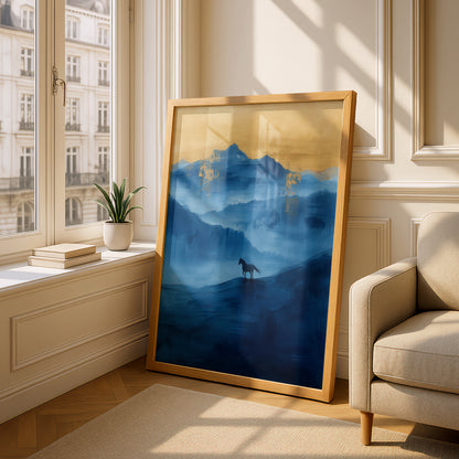 Horse Silhouette Blue Mountain Landscape, Gold Leaf Abstract Wall Art Print, Misty Poster — styling mockup 4