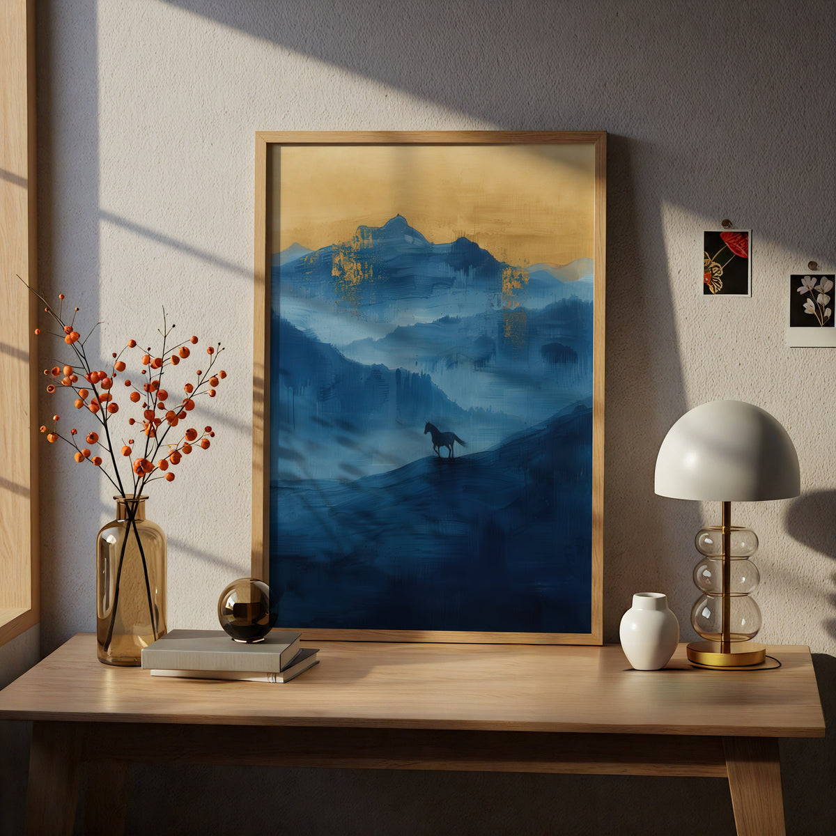 Horse Silhouette Blue Mountain Landscape, Gold Leaf Abstract Wall Art Print, Misty Poster — styling mockup 5