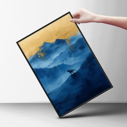 Horse Silhouette Blue Mountain Landscape, Gold Leaf Abstract Wall Art Print, Misty Poster — styling mockup 6