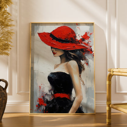 Woman in Red Hat Wall Art, Fashion Poster, Palette Knife Style Art Print, Bedroom Living Room — styling mockup 1