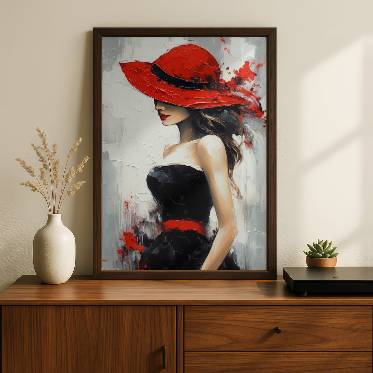 Woman in Red Hat Wall Art, Fashion Poster, Palette Knife Style Art Print, Bedroom Living Room — styling mockup 2
