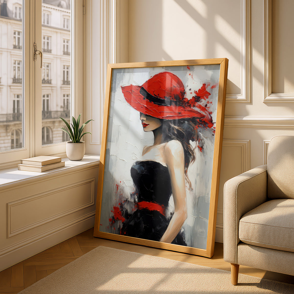 Woman in Red Hat Wall Art, Fashion Poster, Palette Knife Style Art Print, Bedroom Living Room — styling mockup 4