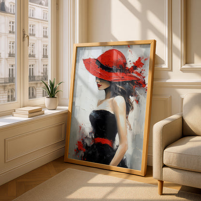 Woman in Red Hat Wall Art, Fashion Poster, Palette Knife Style Art Print, Bedroom Living Room — styling mockup 4