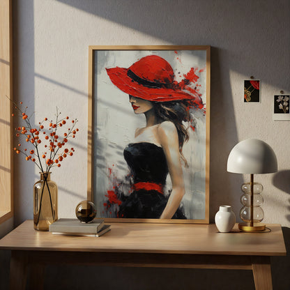 Woman in Red Hat Wall Art, Fashion Poster, Palette Knife Style Art Print, Bedroom Living Room — styling mockup 5