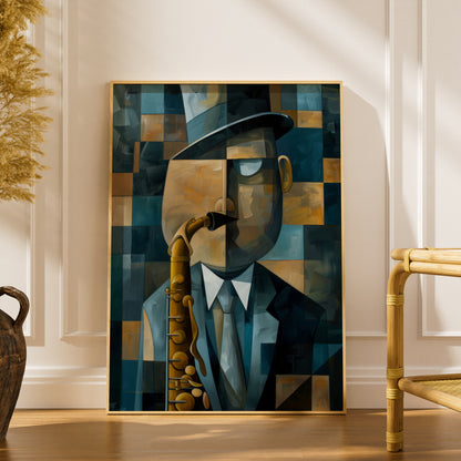 Cubist Saxophone Player Poster, Blue Gold Jazz Wall Art, Abstract Musician Art Print, Living Room — styling mockup 1
