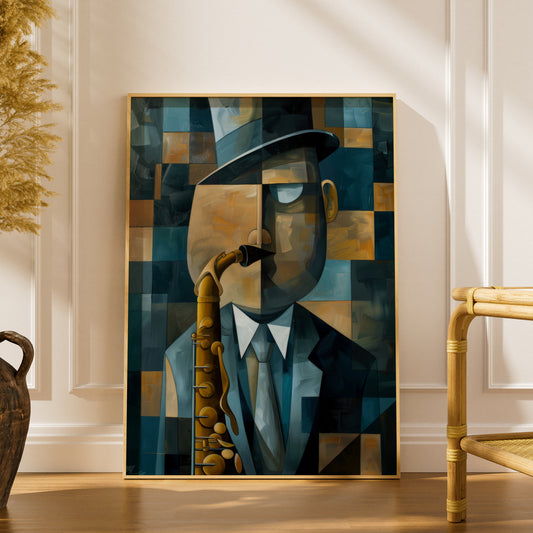 Cubist Saxophone Player Poster, Blue Gold Jazz Wall Art, Abstract Musician Art Print, Living Room — styling mockup 1