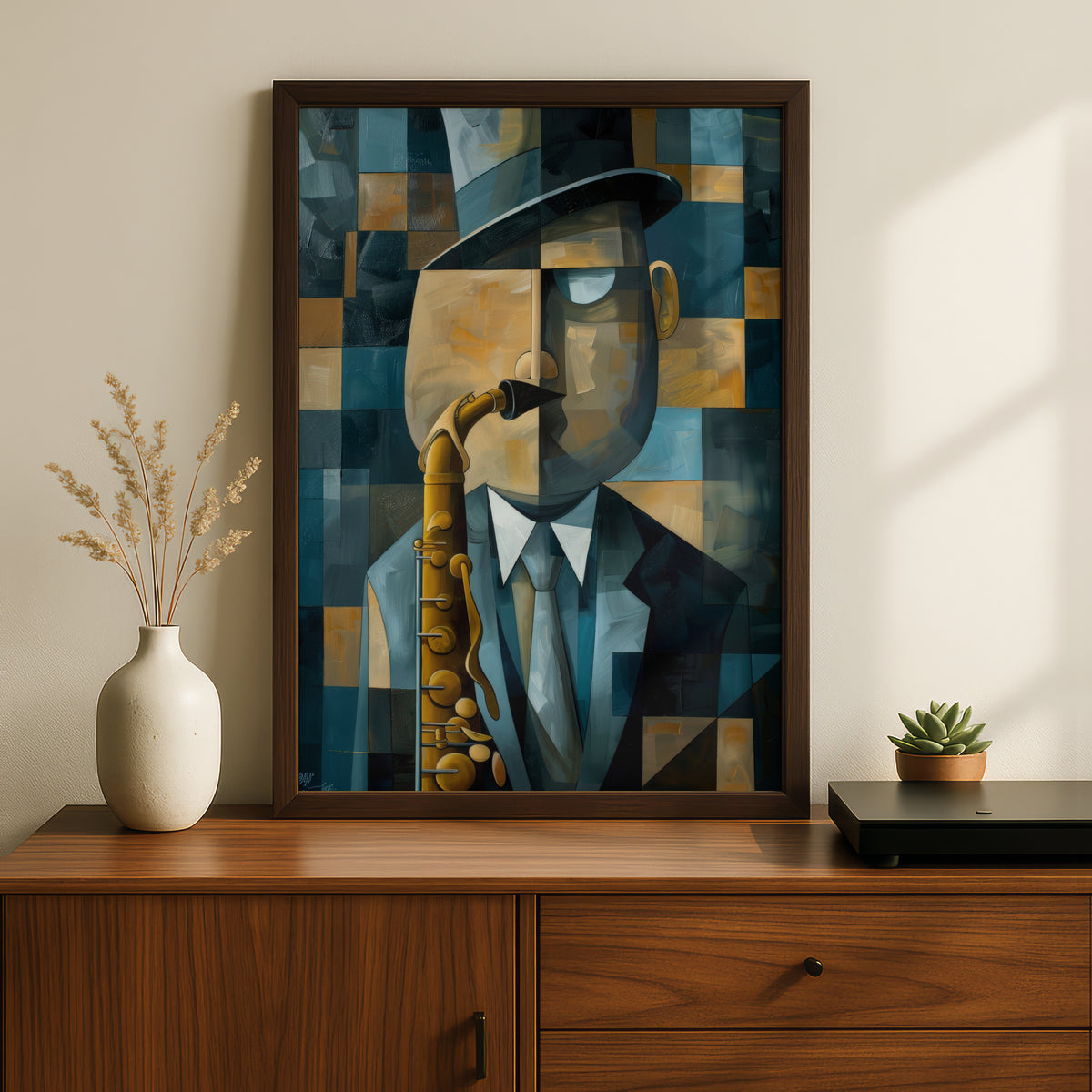 Cubist Saxophone Player Poster, Blue Gold Jazz Wall Art, Abstract Musician Art Print, Living Room — styling mockup 2