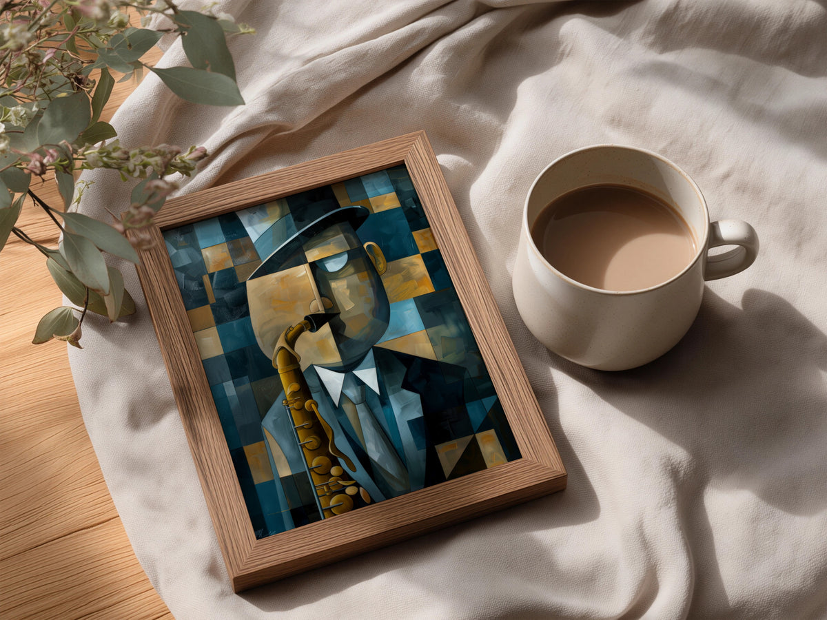 Cubist Saxophone Player Poster, Blue Gold Jazz Wall Art, Abstract Musician Art Print, Living Room — styling mockup 3