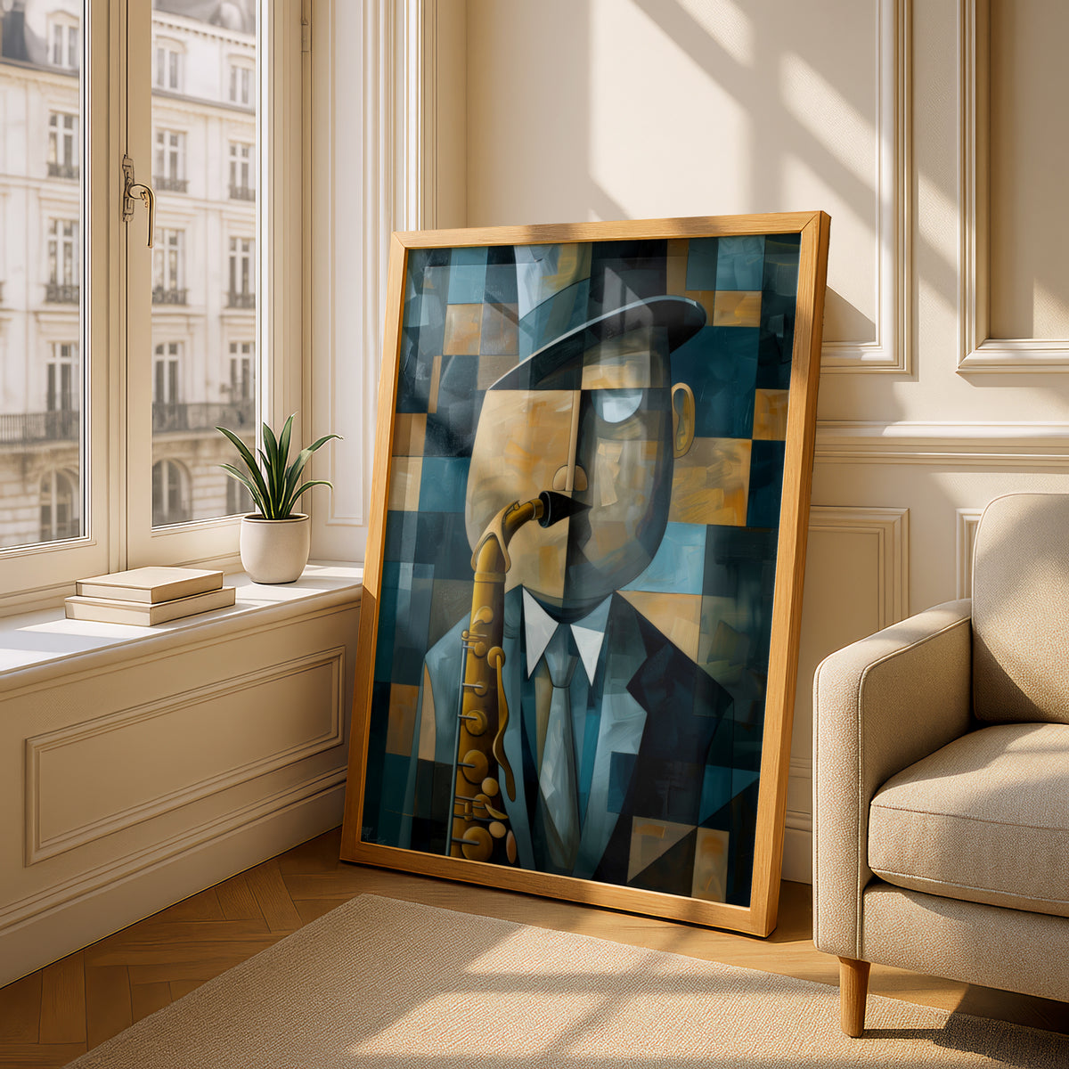 Cubist Saxophone Player Poster, Blue Gold Jazz Wall Art, Abstract Musician Art Print, Living Room — styling mockup 4